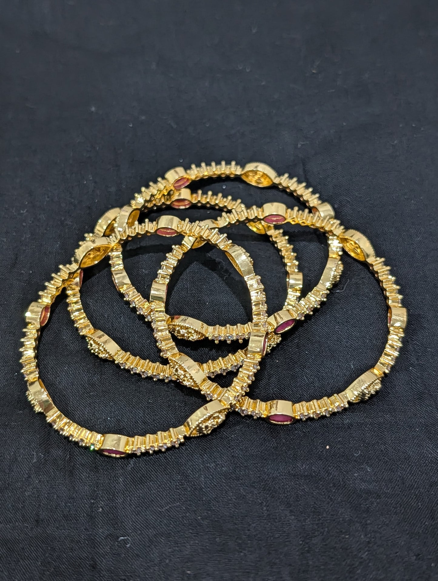 Goddess Lakshmi CZ one gram gold polished bangles - Set of 4 - Ruby