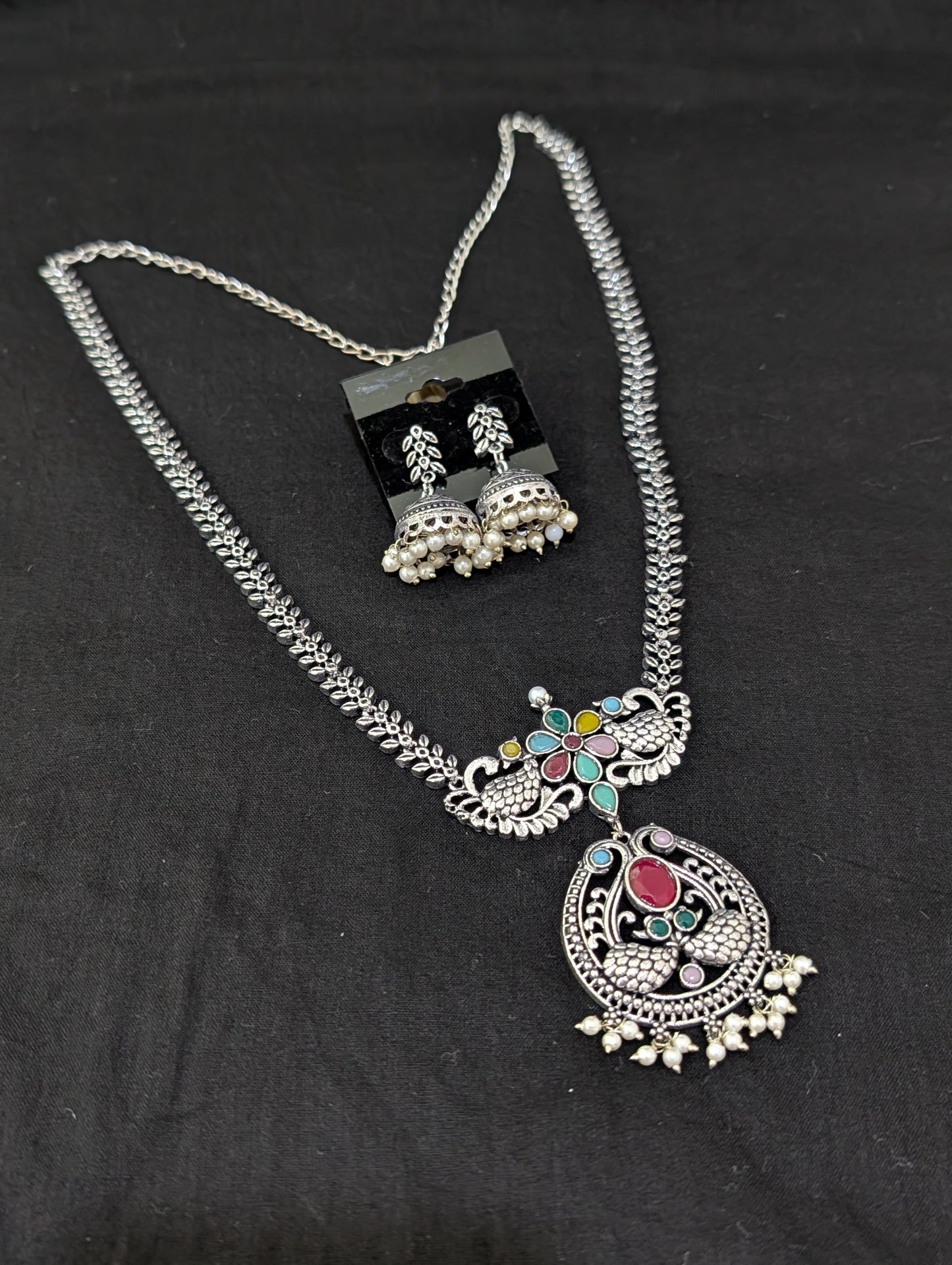 Oxidized Silver Peacock design necklace and earrings set