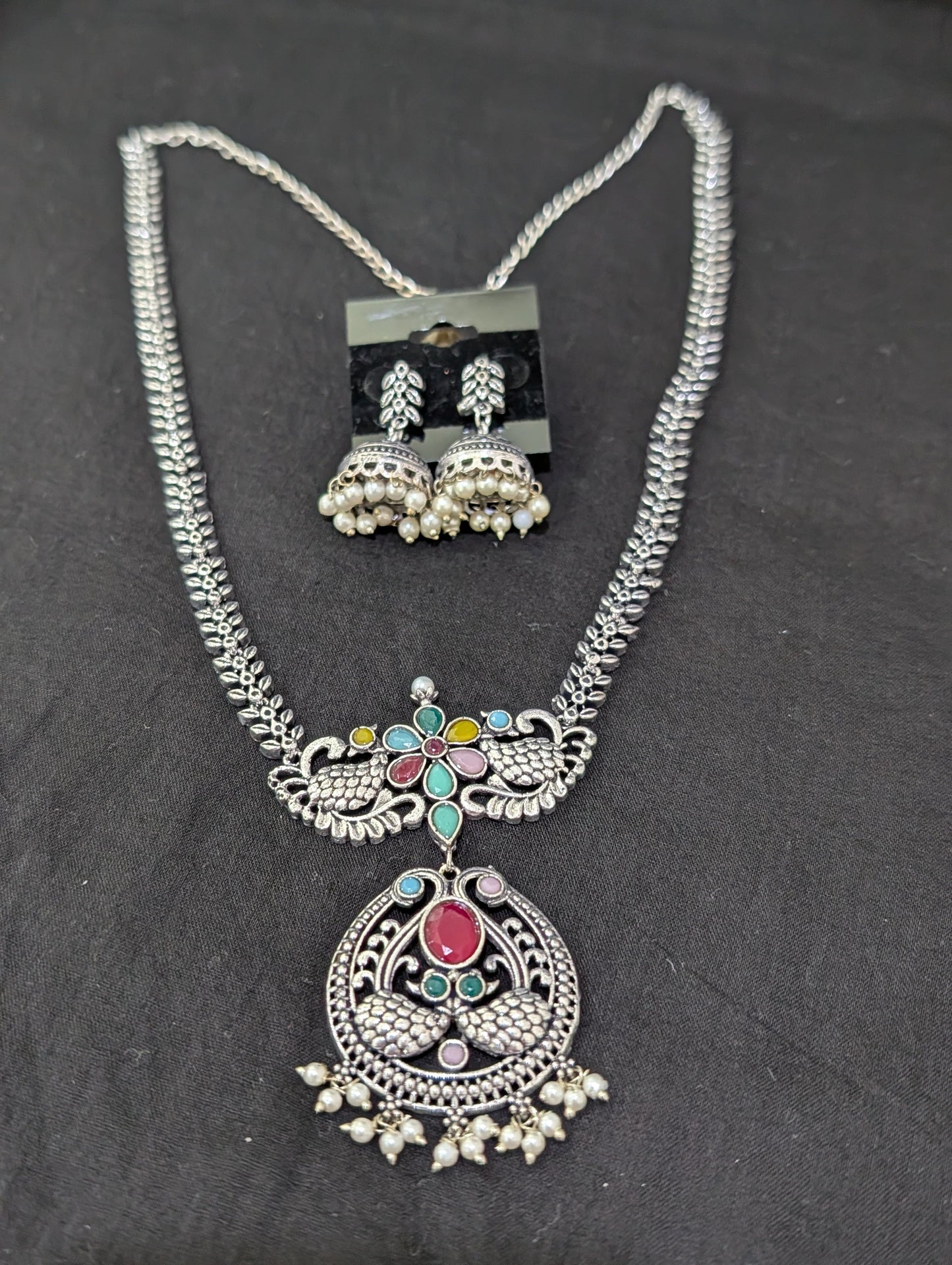 Oxidized Silver Peacock design necklace and earrings set