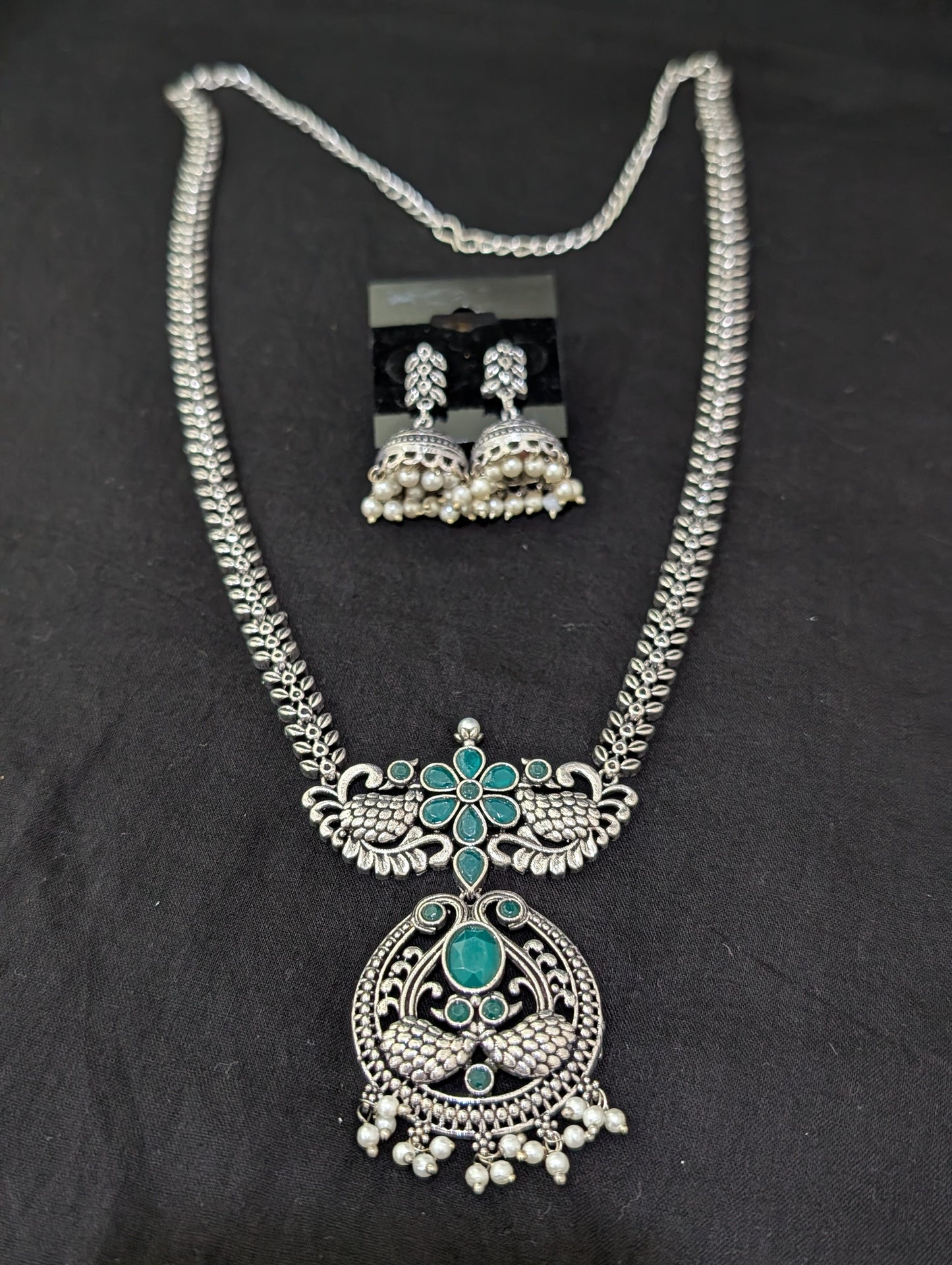 Oxidized Silver Peacock design necklace and earrings set