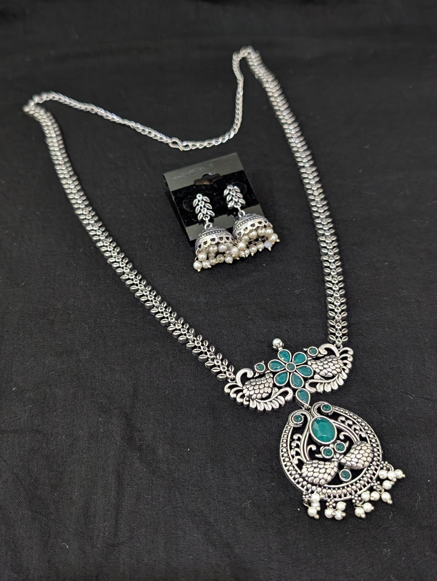 Oxidized Silver Peacock design necklace and earrings set