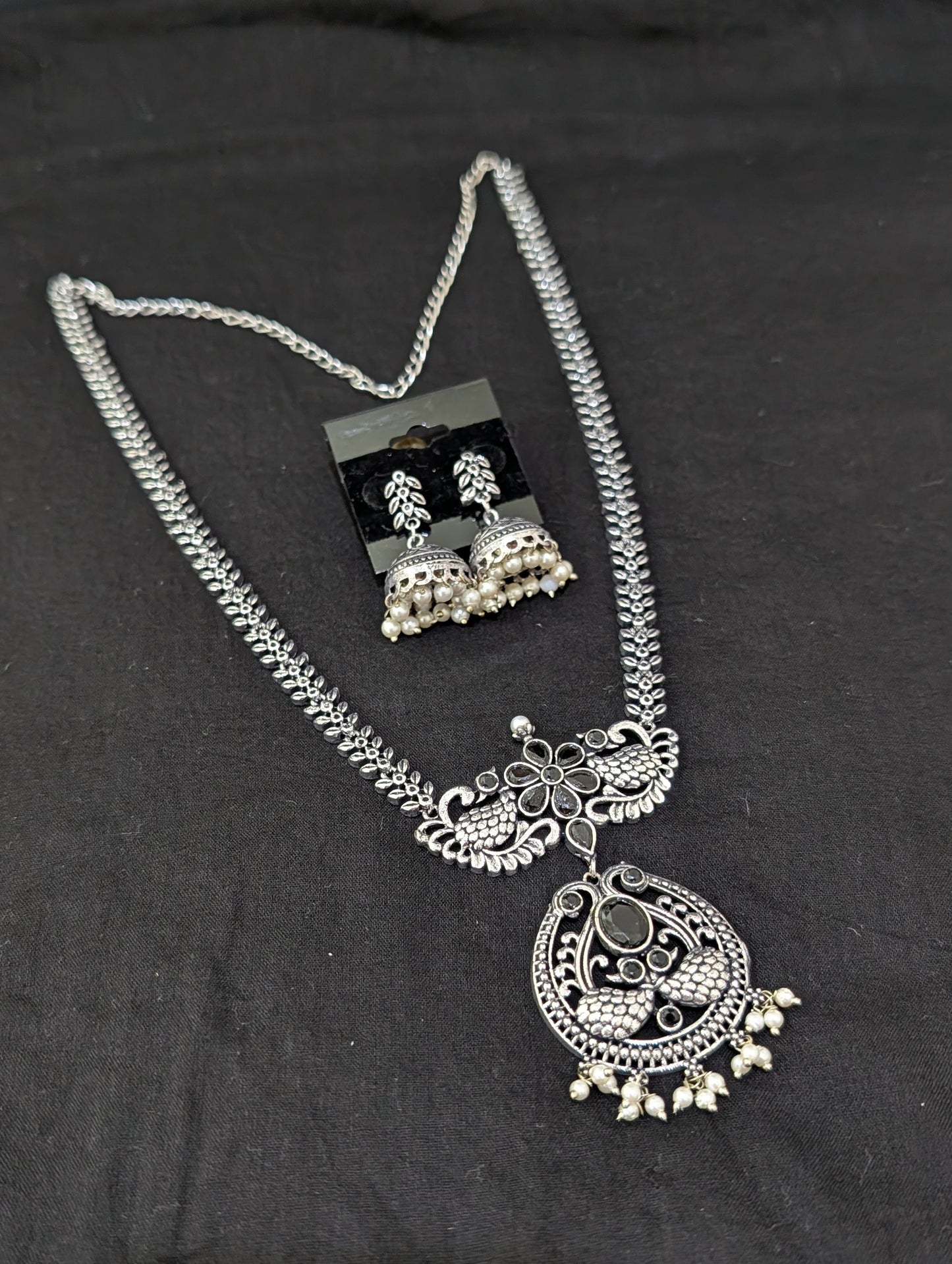 Oxidized Silver Peacock design necklace and earrings set