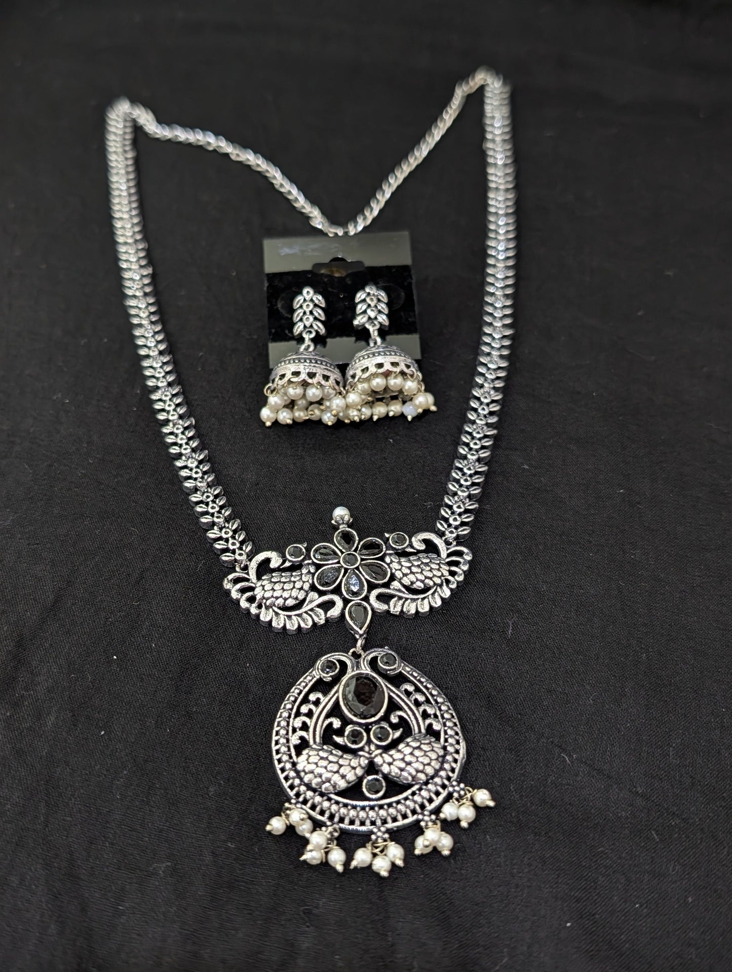 Oxidized Silver Peacock design necklace and earrings set