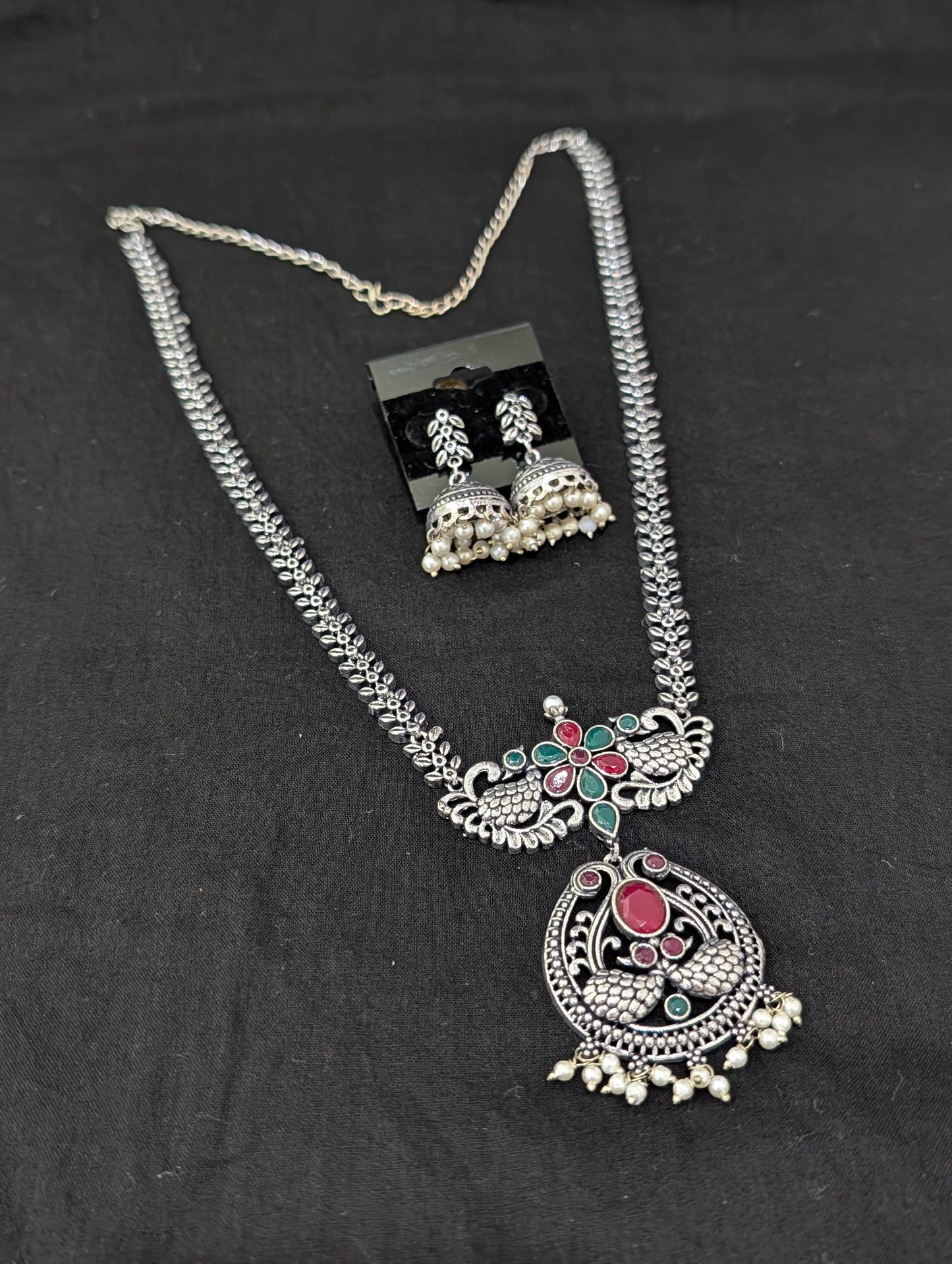 Oxidized Silver Peacock design necklace and earrings set