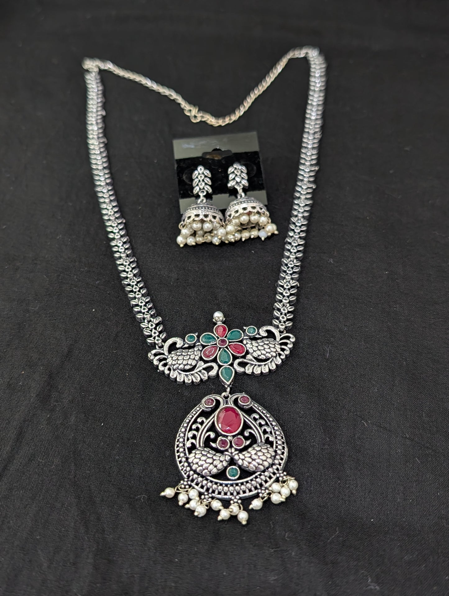 Oxidized Silver Peacock design necklace and earrings set