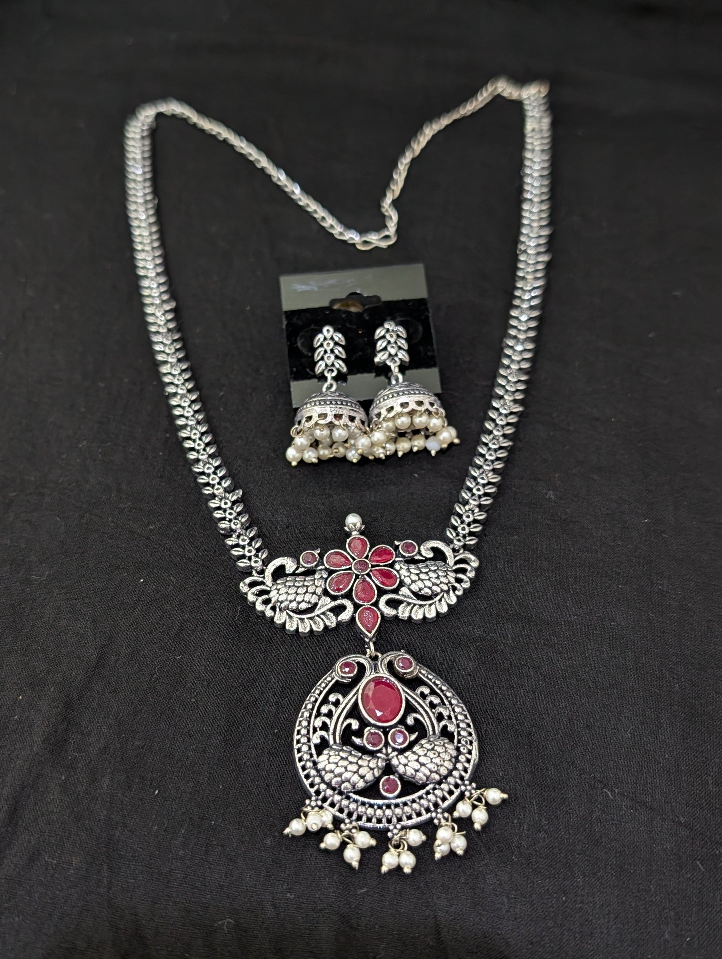 Oxidized Silver Peacock design necklace and earrings set