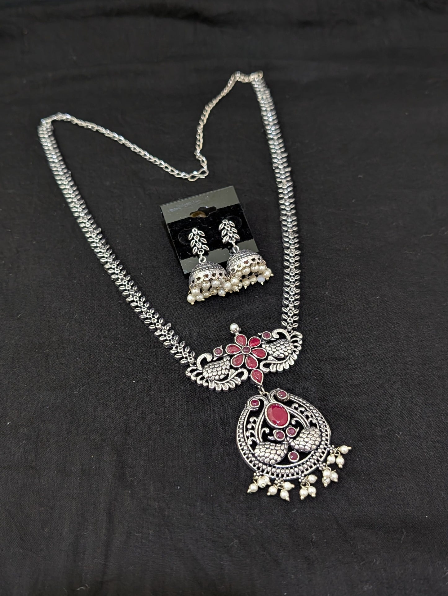 Oxidized Silver Peacock design necklace and earrings set