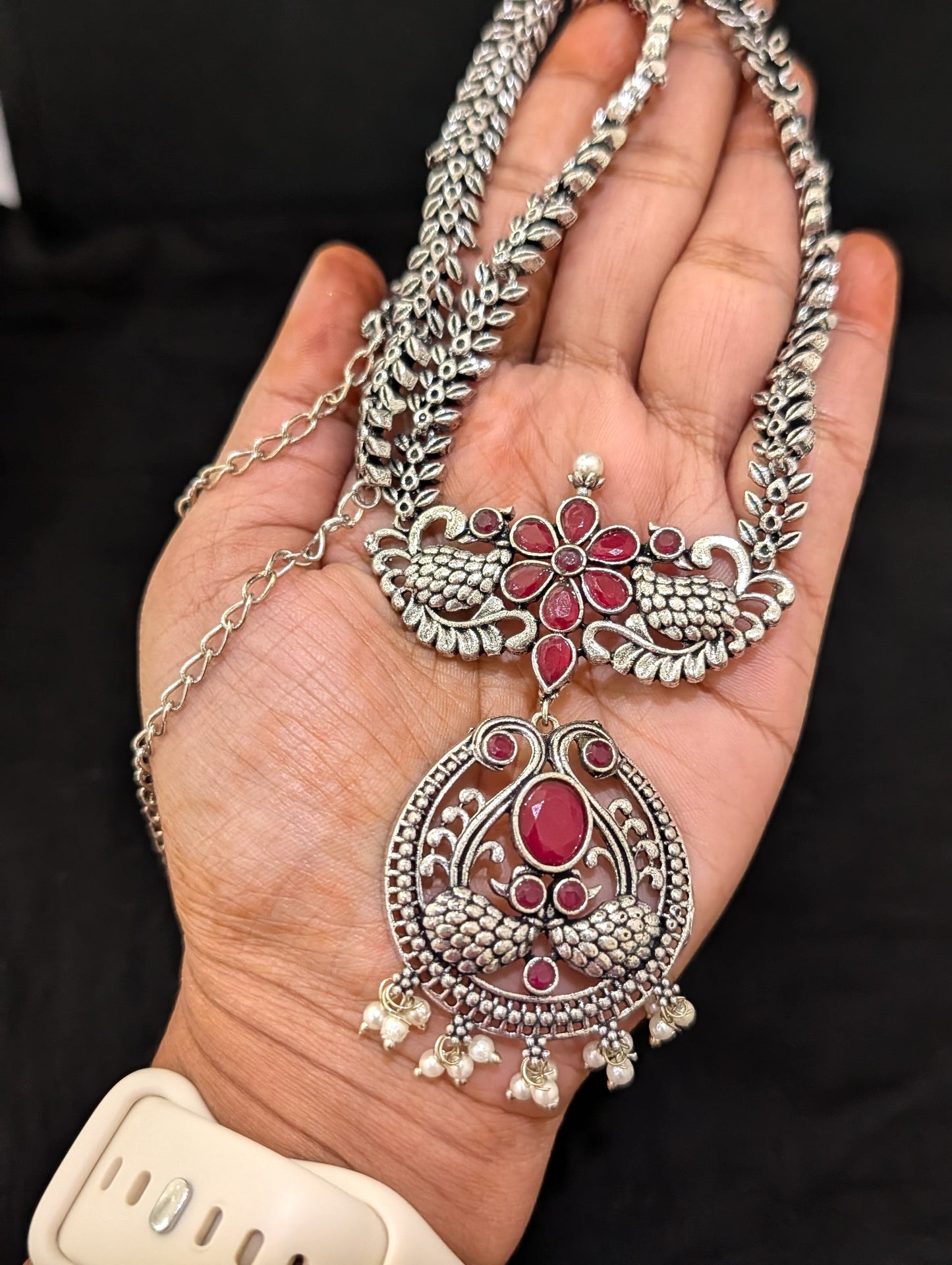 Oxidized Silver Peacock design necklace and earrings set