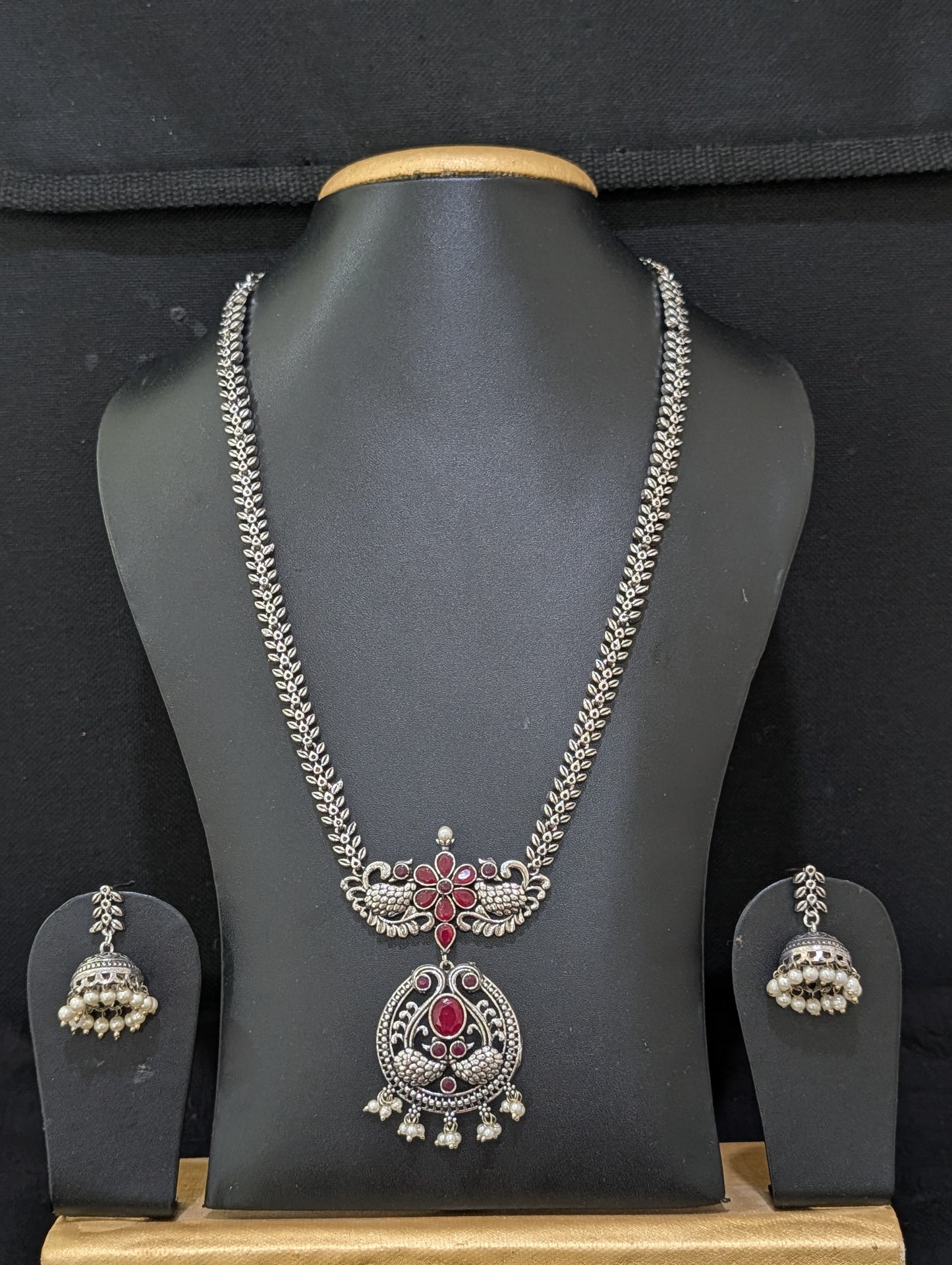 Oxidized Silver Peacock design necklace and earrings set