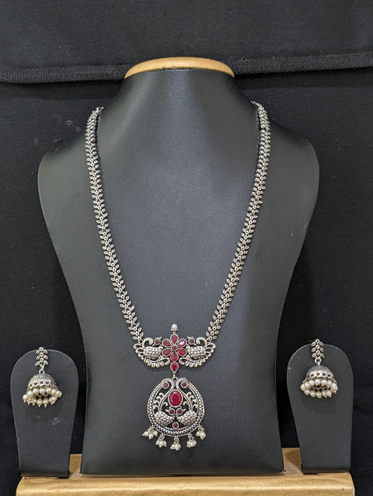 Oxidized Silver Peacock design necklace and earrings set