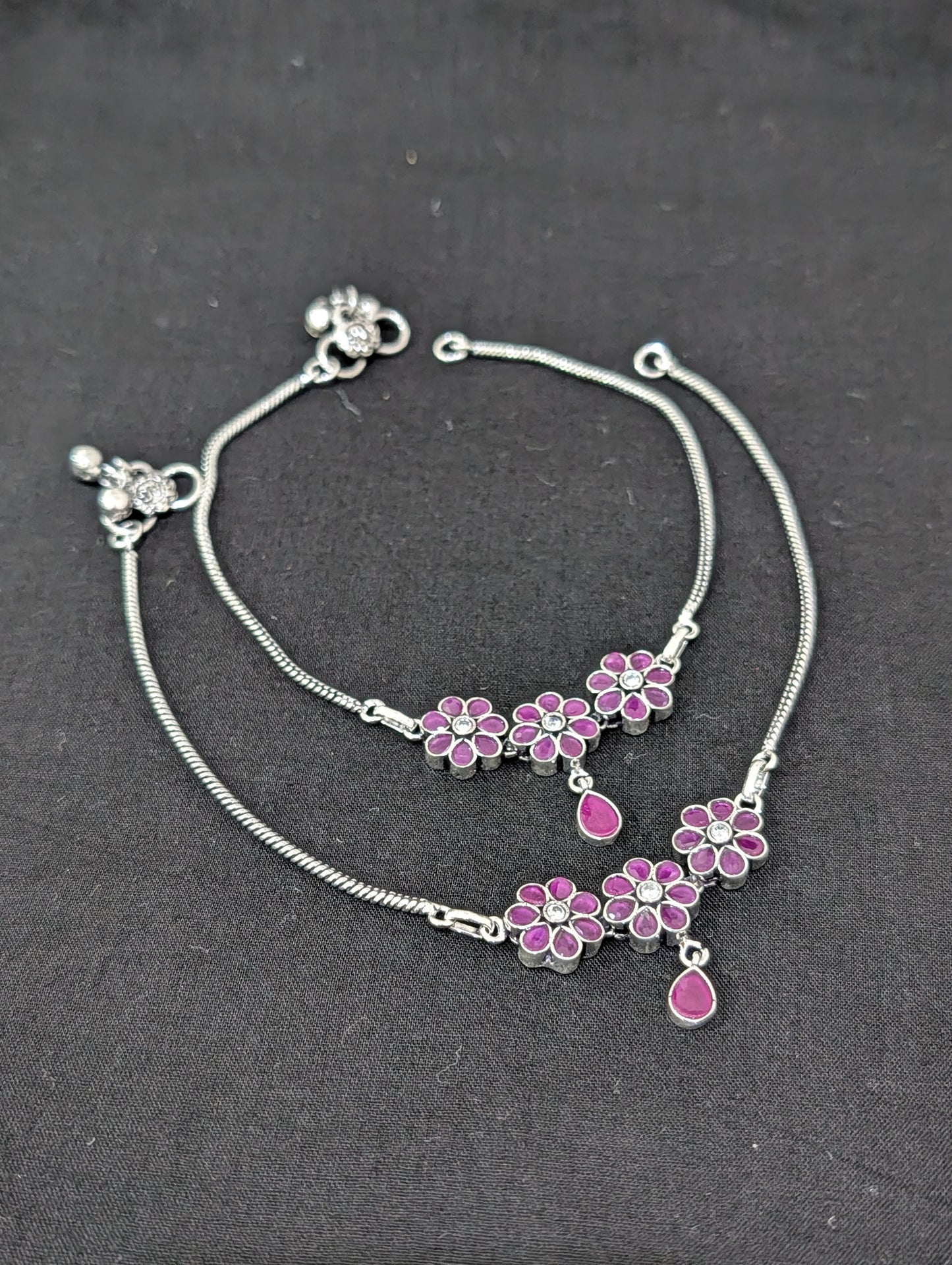 Oxidized Silver plated CZ Anklets - D4