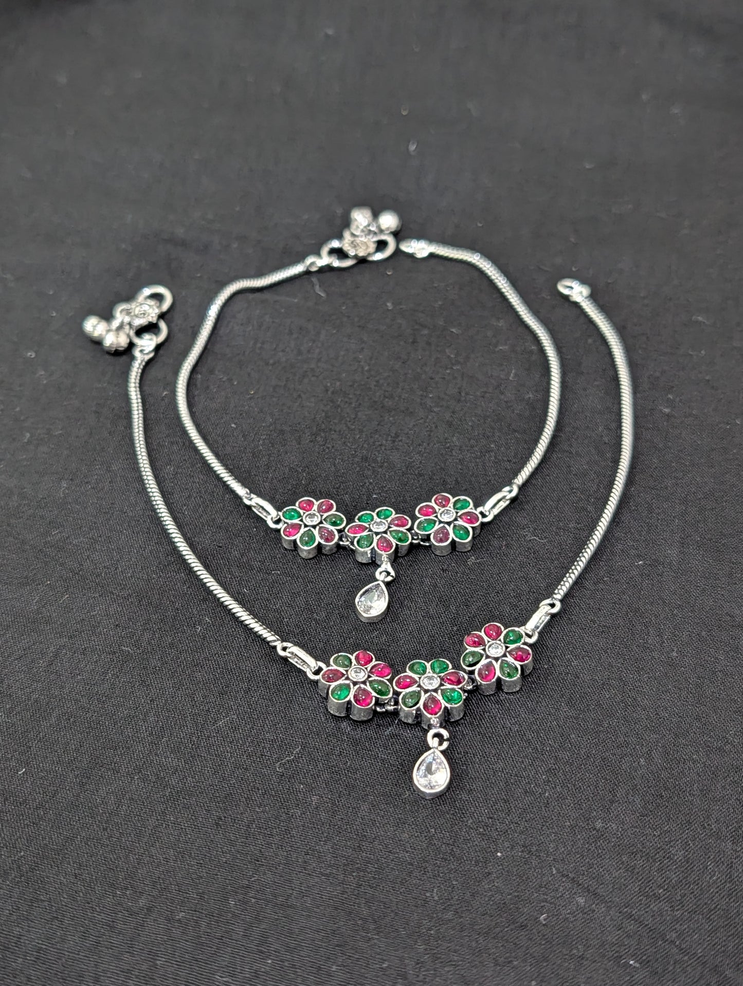 Oxidized Silver plated CZ Anklets - D4