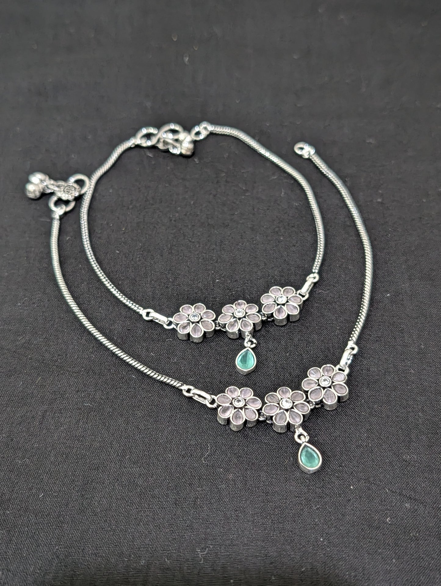 Oxidized Silver plated CZ Anklets - D4