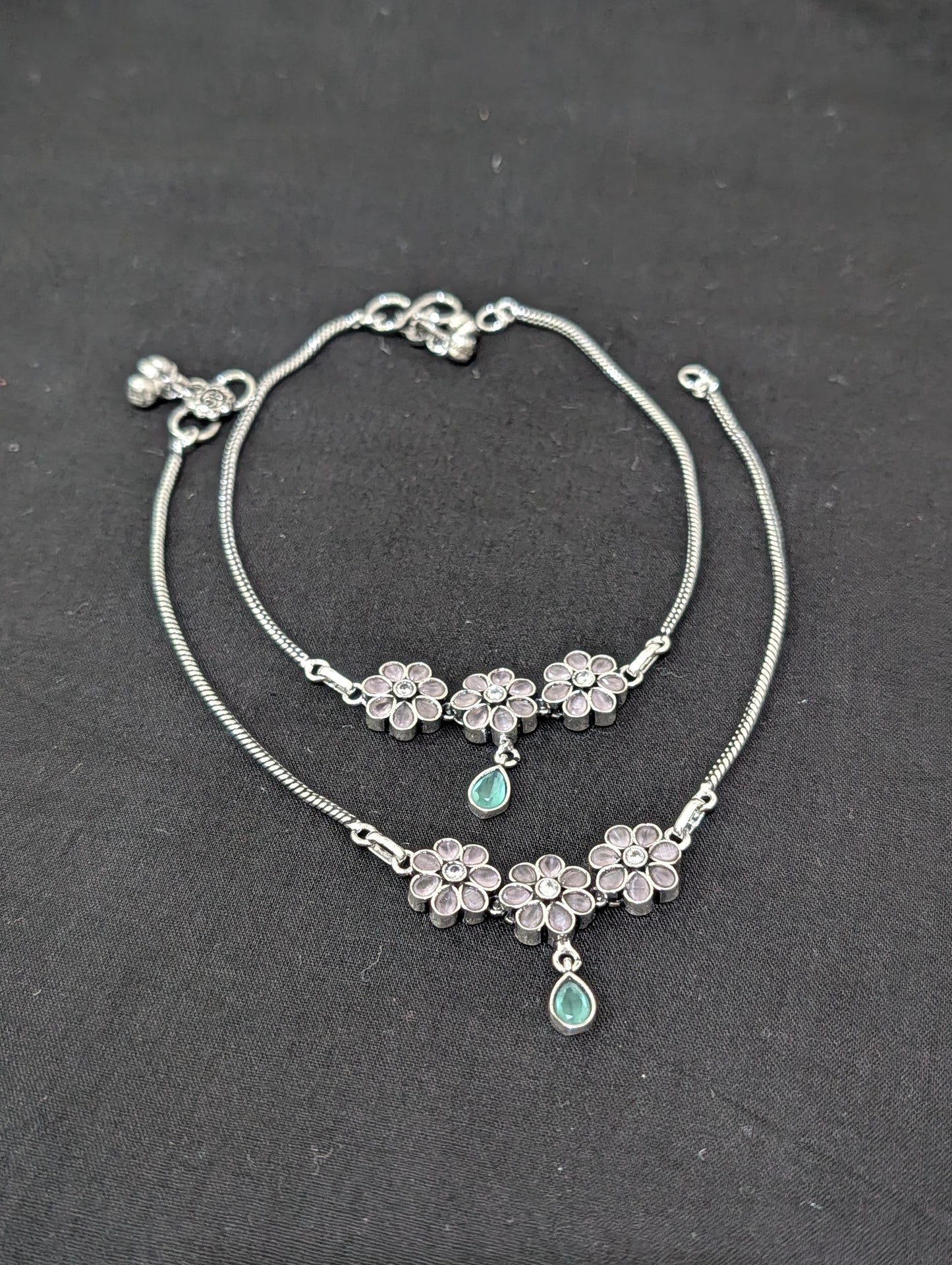 Oxidized Silver plated CZ Anklets - D4