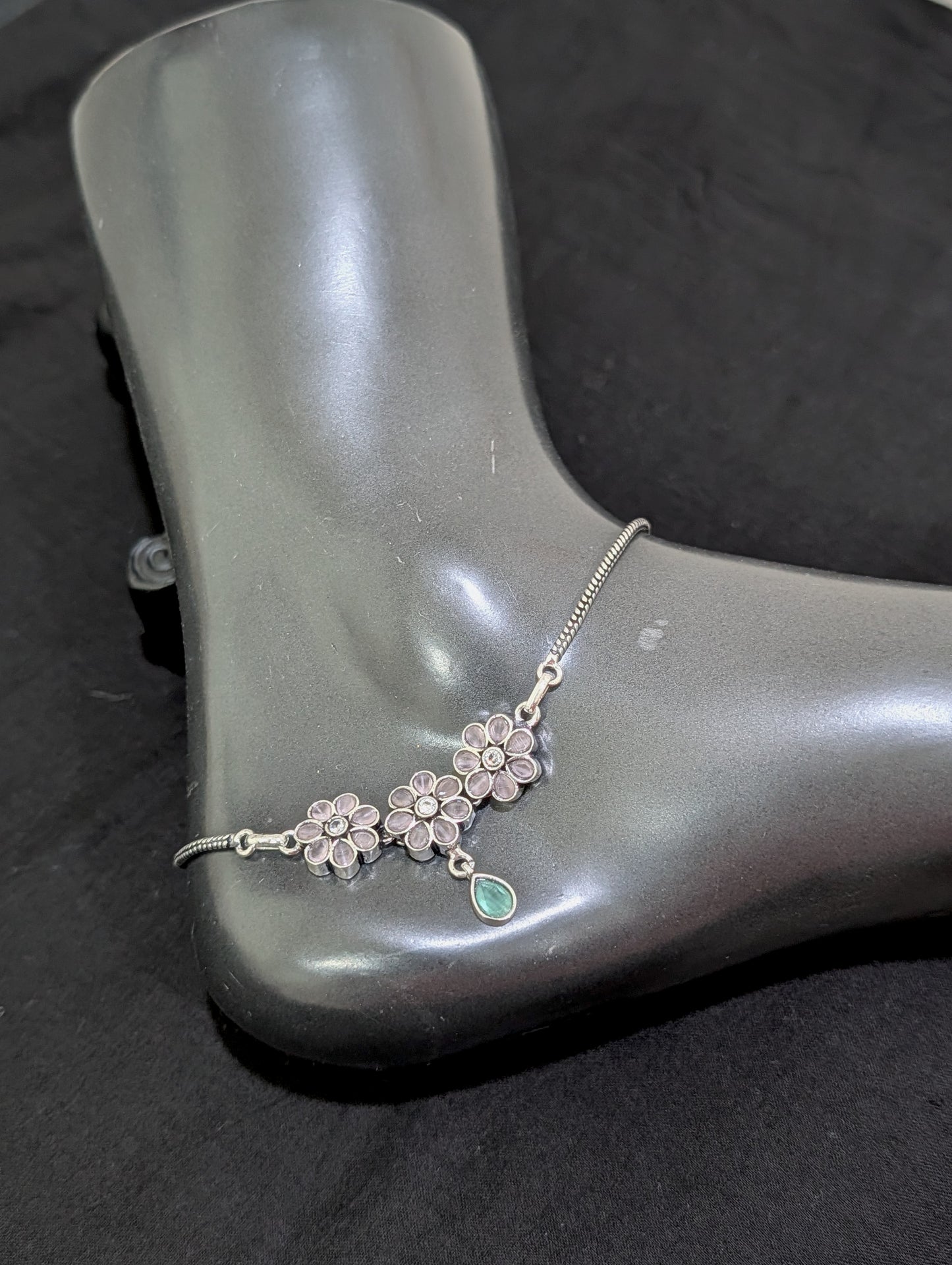 Oxidized Silver plated CZ Anklets - D4