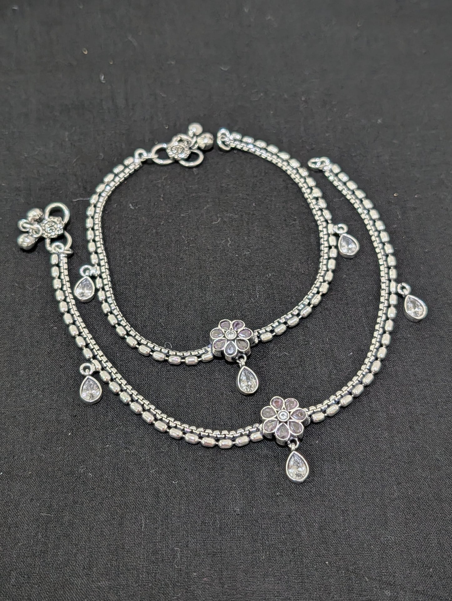 Oxidized Silver plated CZ Anklets - D5