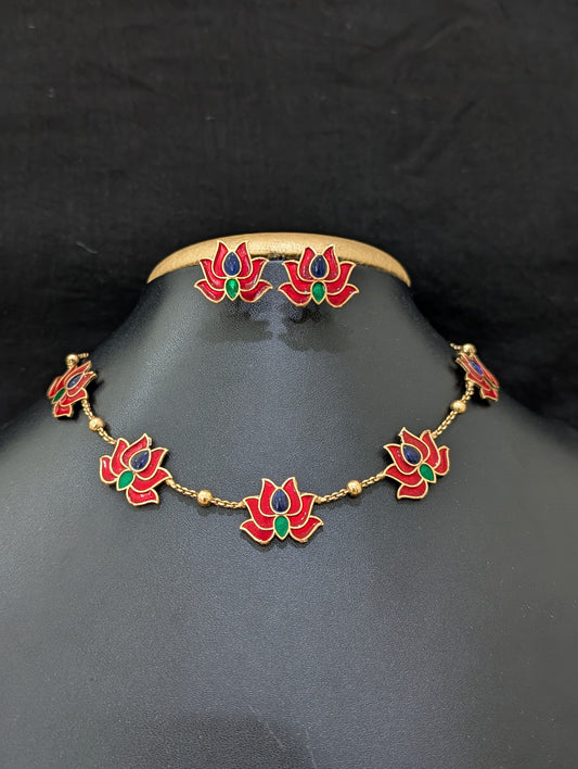 Lotus Enamel Elegant Choker Necklace set