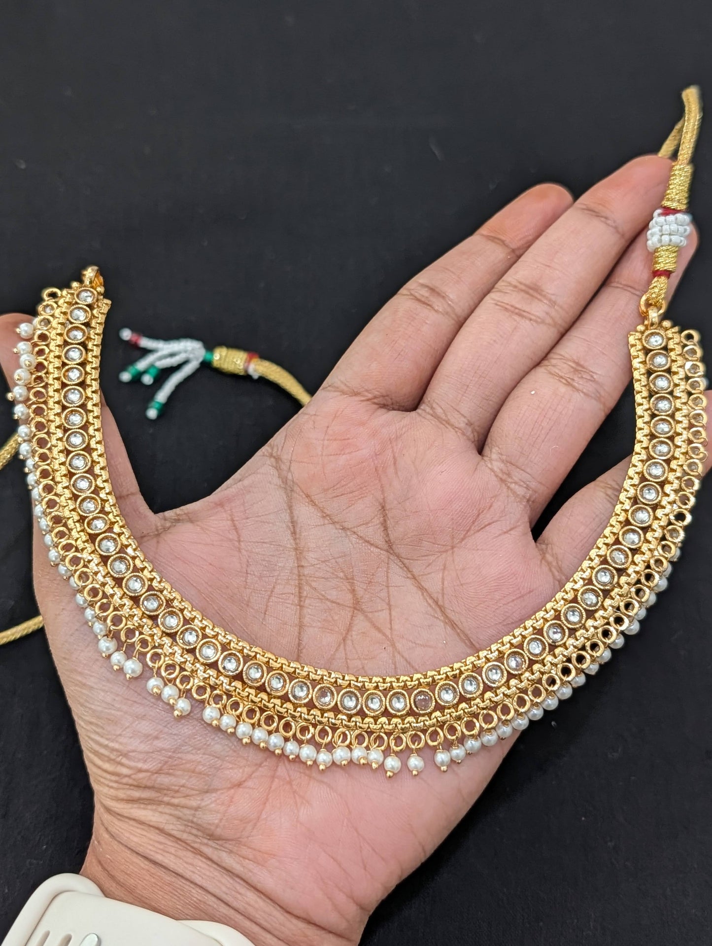 Glass Kundan Pearl Choker Necklace set