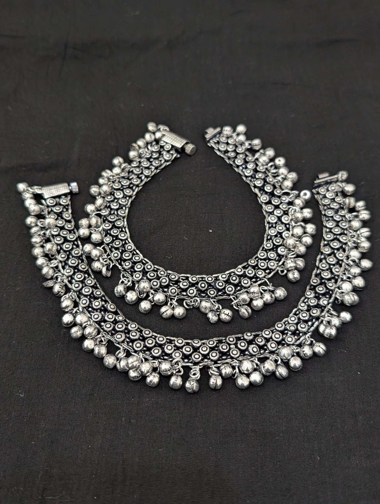 Ghunghru bead Oxidized Silver Anklets - D2