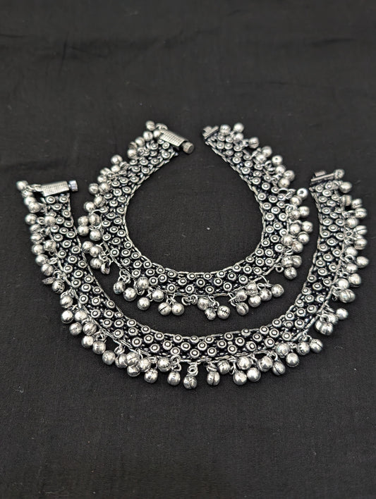 Ghunghru bead Oxidized Silver Anklets - D2