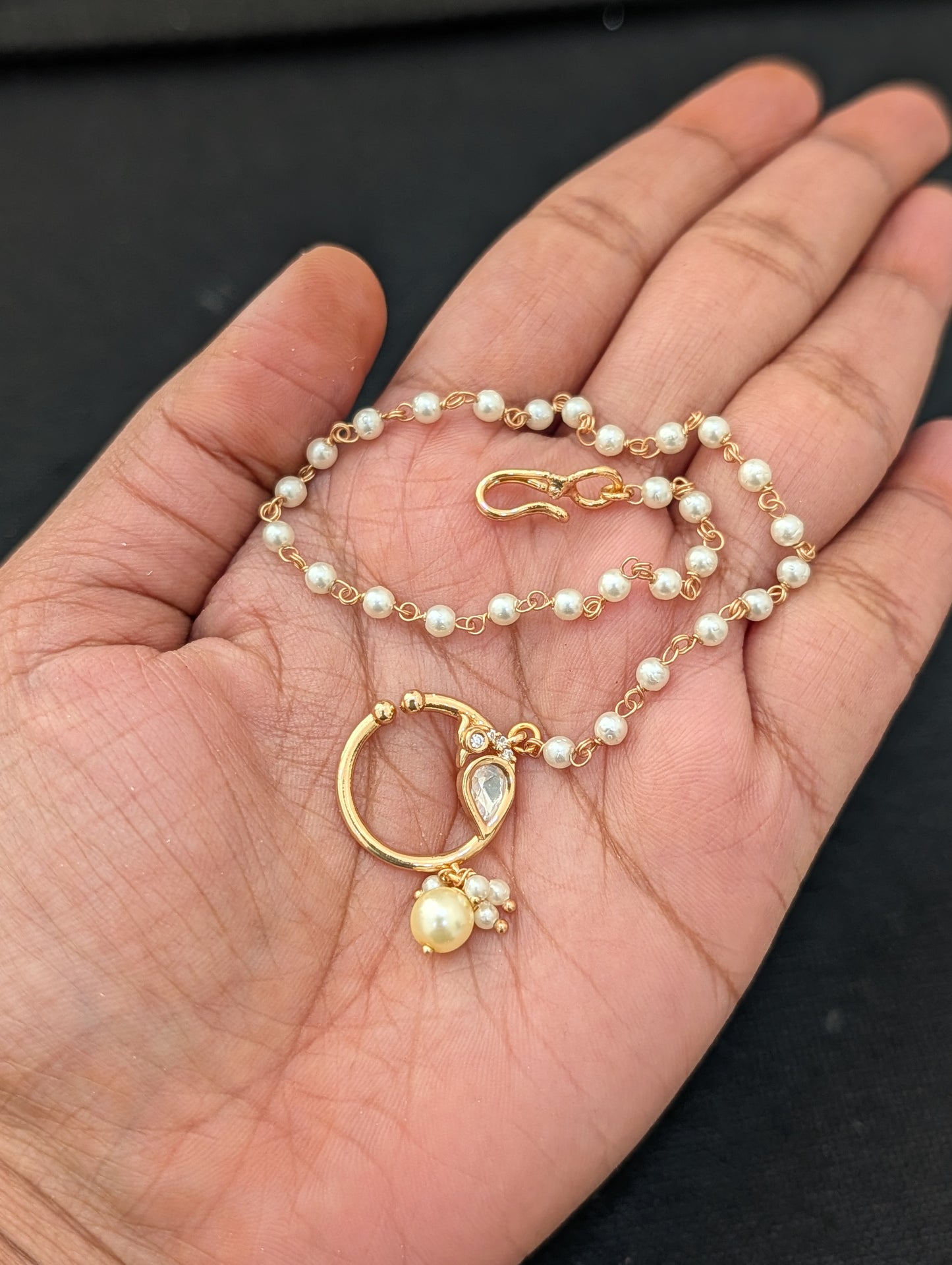 Peacock design Kundan Nose Ring with pearl chain