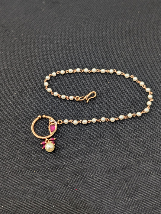 Peacock design Kundan Nose Ring with pearl chain