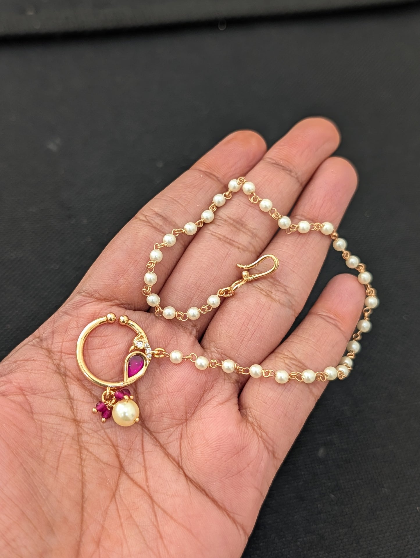 Peacock design Kundan Nose Ring with pearl chain
