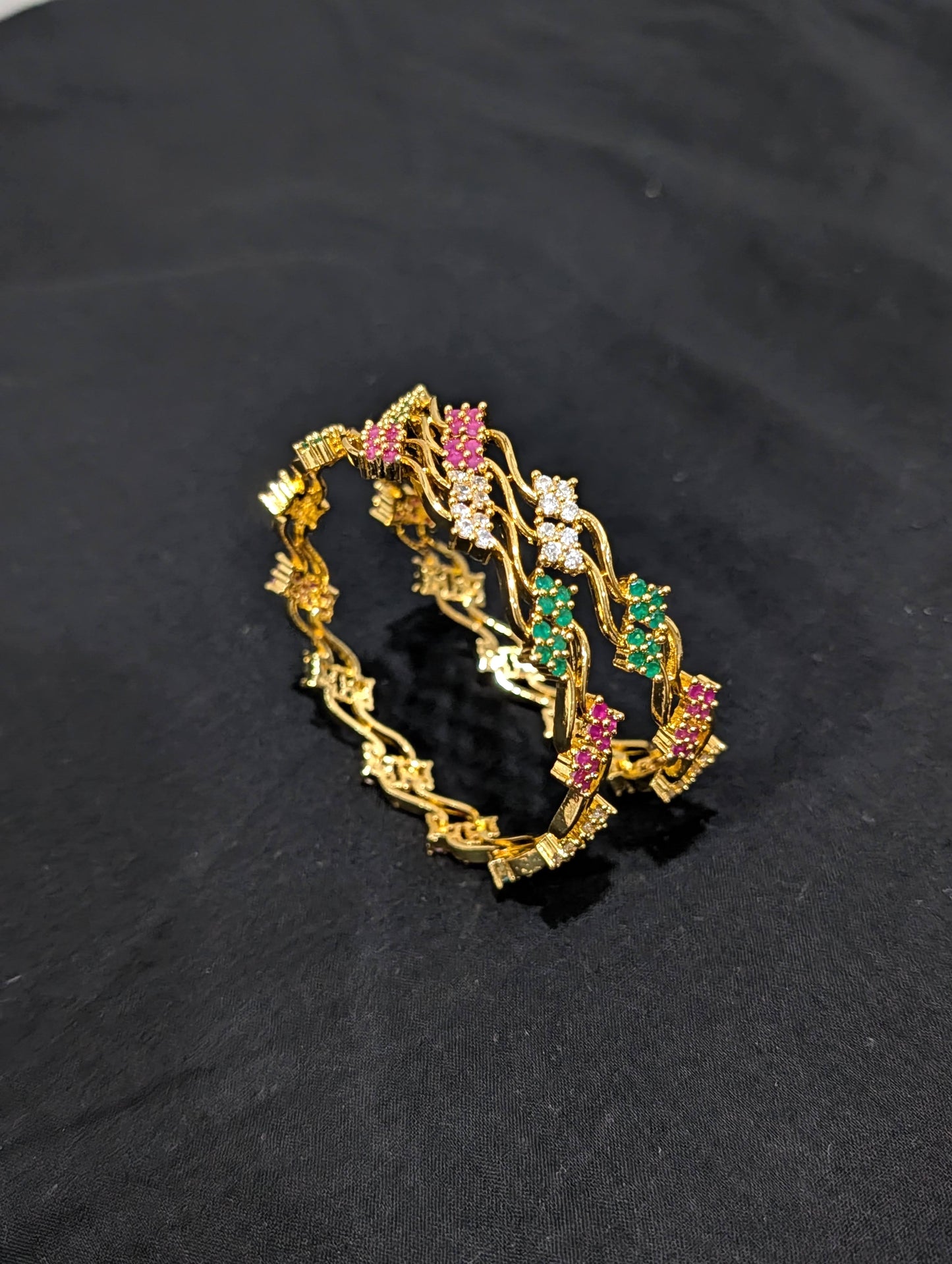 Dual line Curvy CZ one gram gold polished bangles