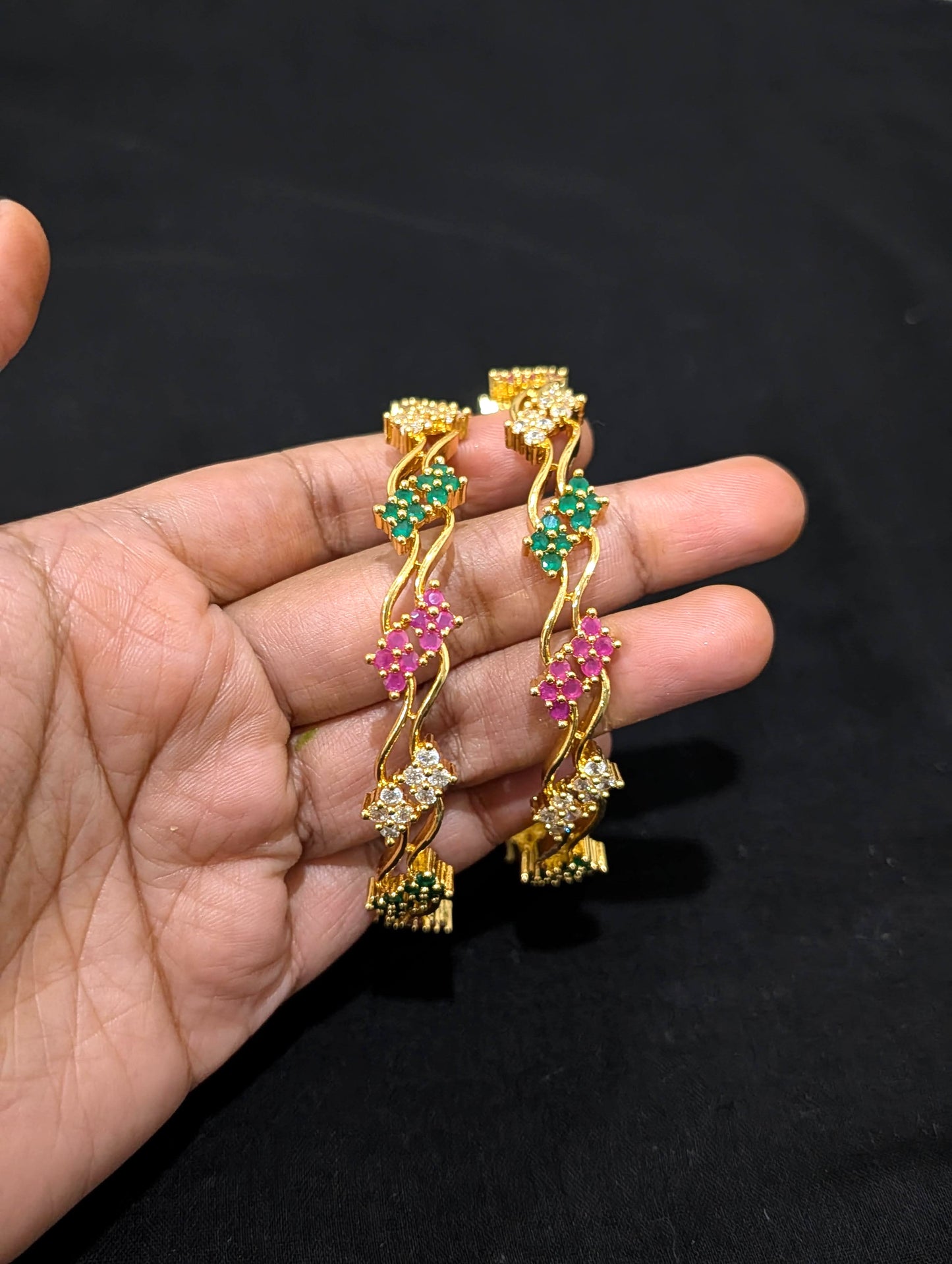 Dual line Curvy CZ one gram gold polished bangles