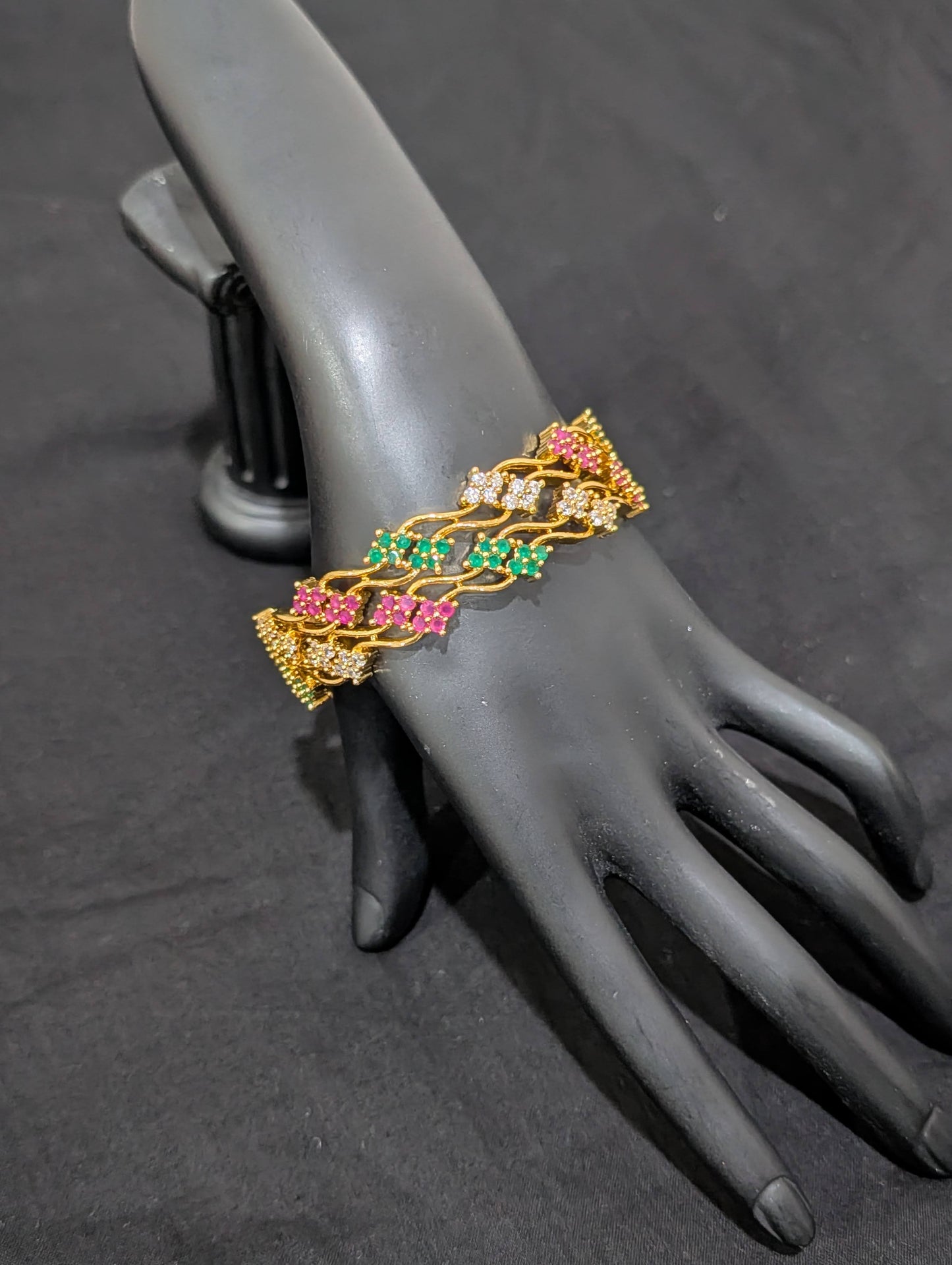 Dual line Curvy CZ one gram gold polished bangles