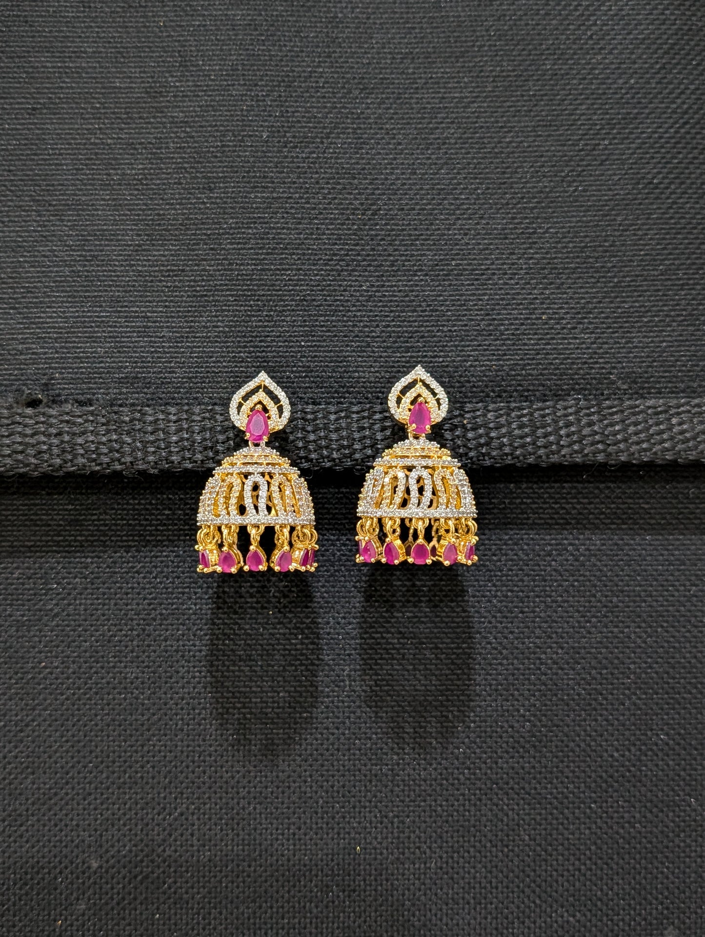 Dual teardrop Stud Shiny CZ Jhumka Earrings