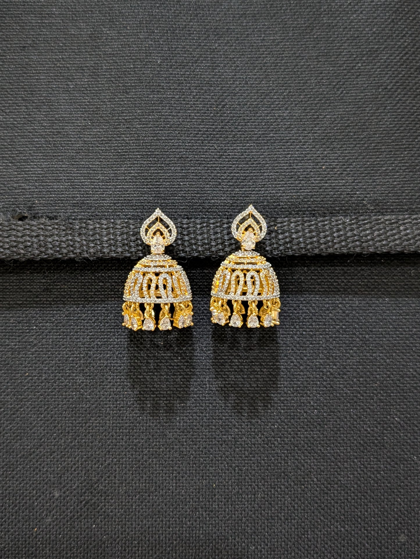 Dual teardrop Stud Shiny CZ Jhumka Earrings