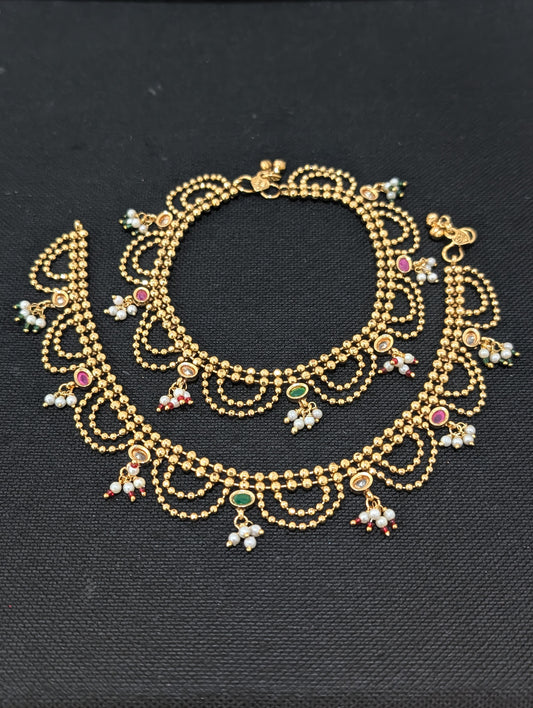 Dual line ball chain Gold plated Polki Anklets