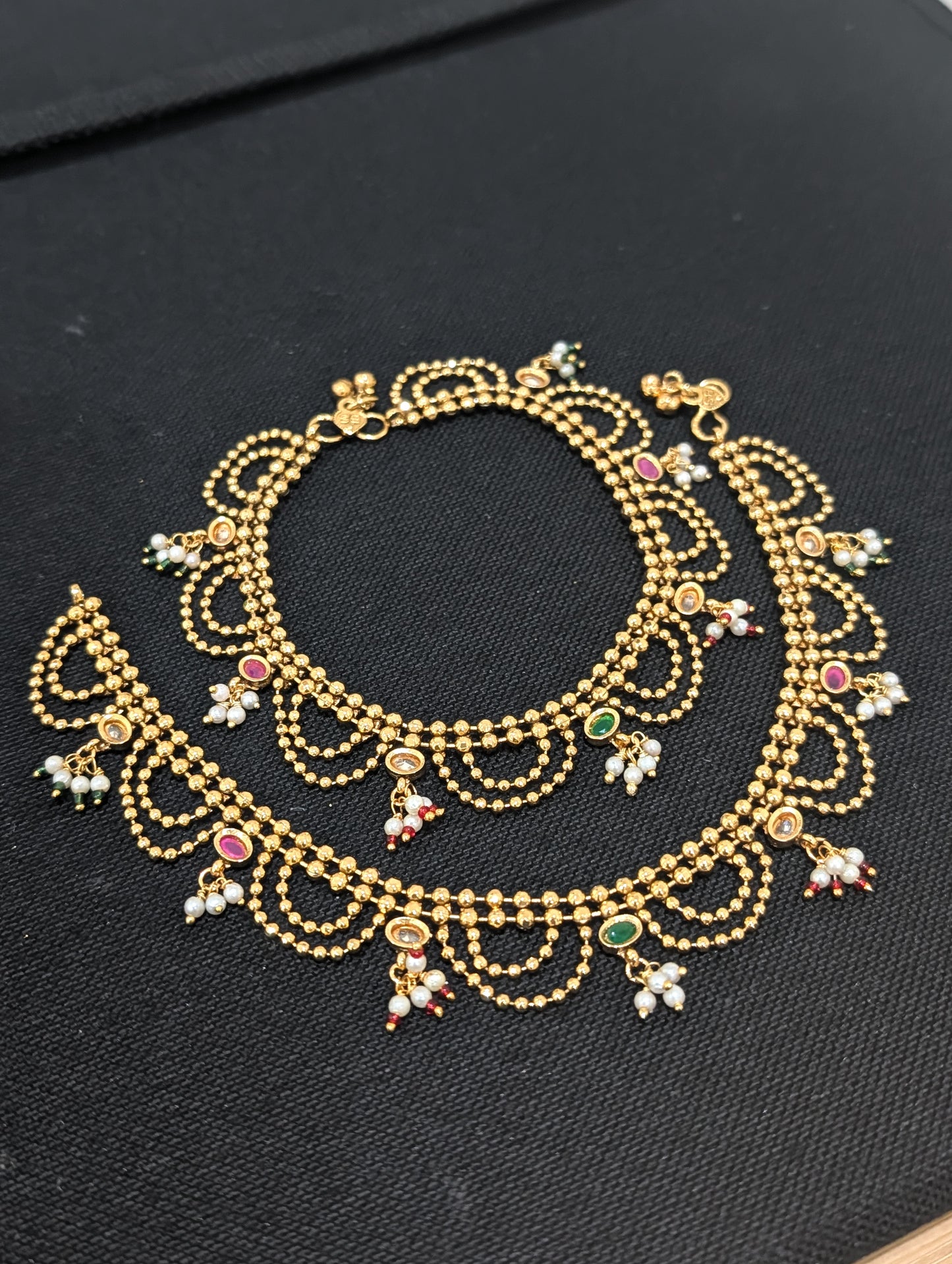 Dual line ball chain Gold plated Polki Anklets