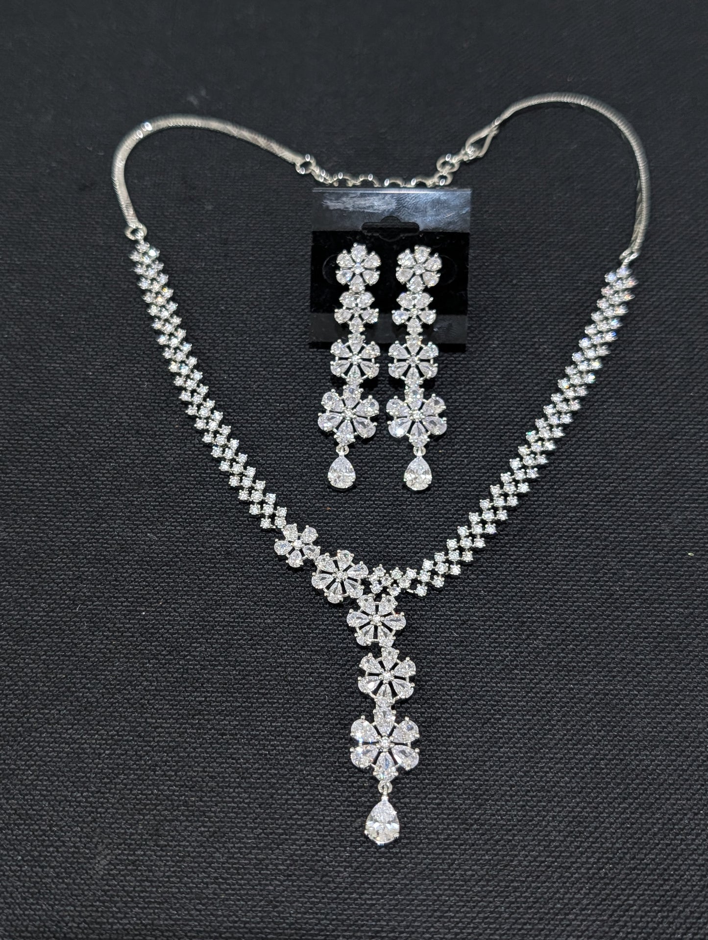 White gold plated Unique CZ Necklace and Earrings set