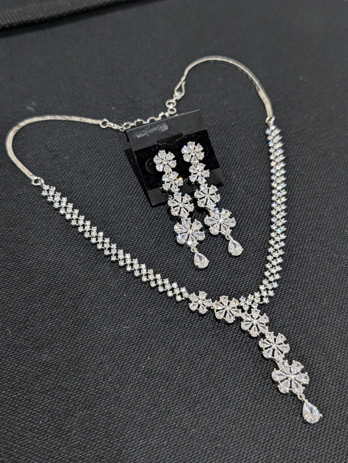 White gold plated Unique CZ Necklace and Earrings set
