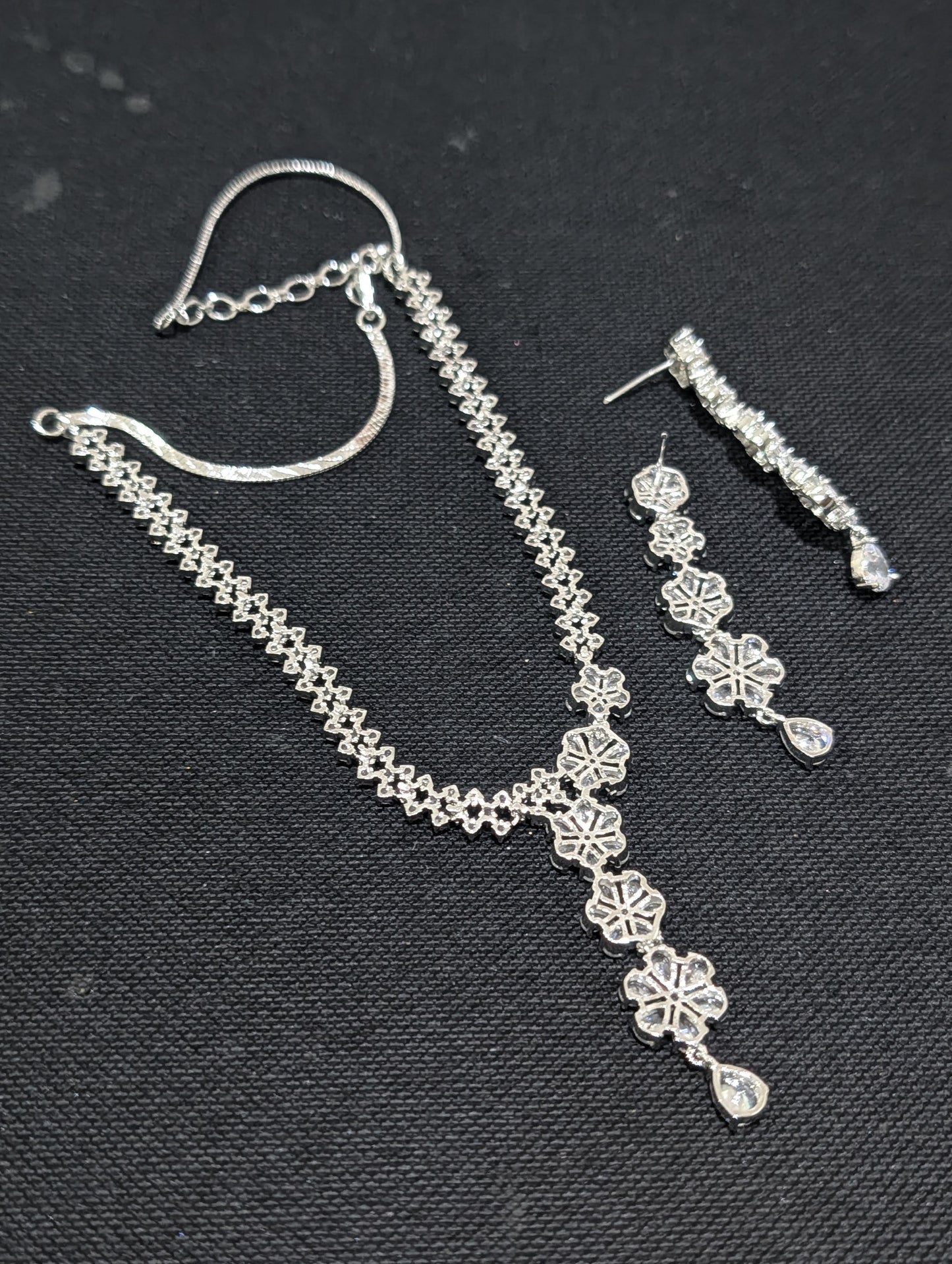 White gold plated Unique CZ Necklace and Earrings set