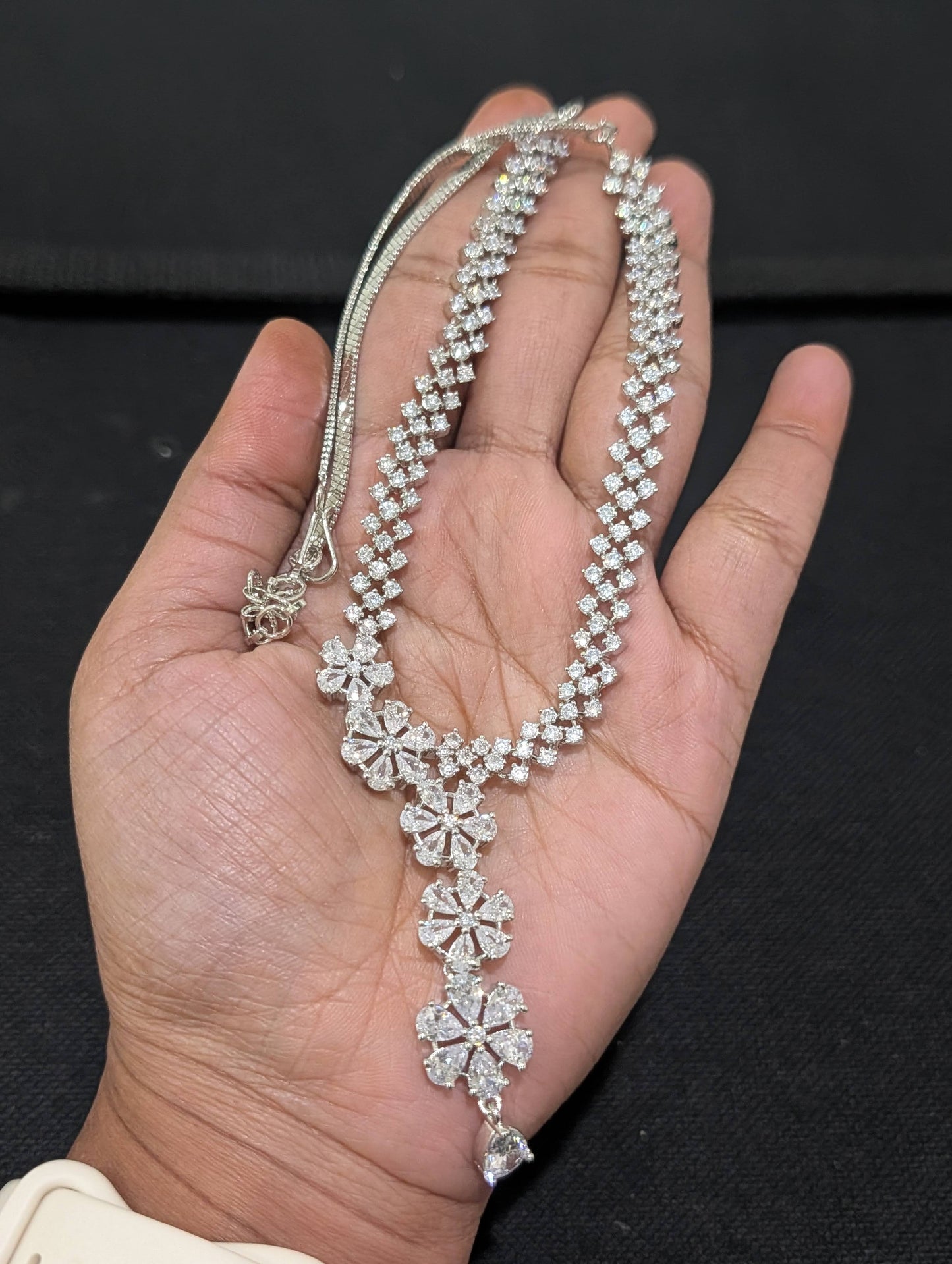 White gold plated Unique CZ Necklace and Earrings set