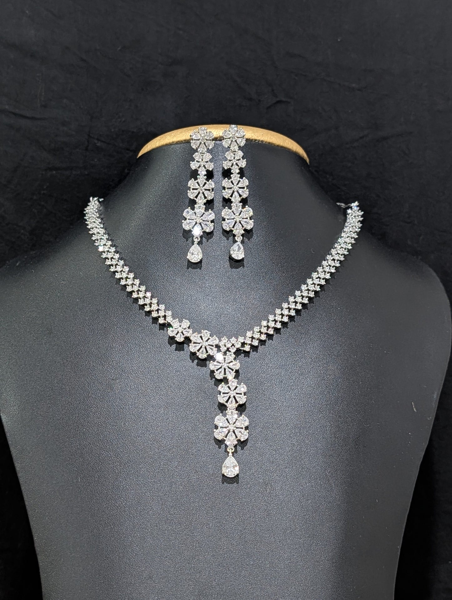 White gold plated Unique CZ Necklace and Earrings set