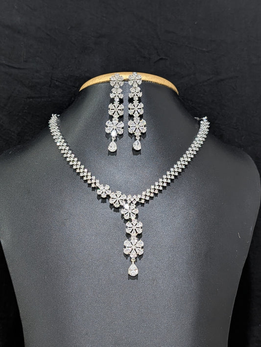 White gold plated Unique CZ Necklace and Earrings set