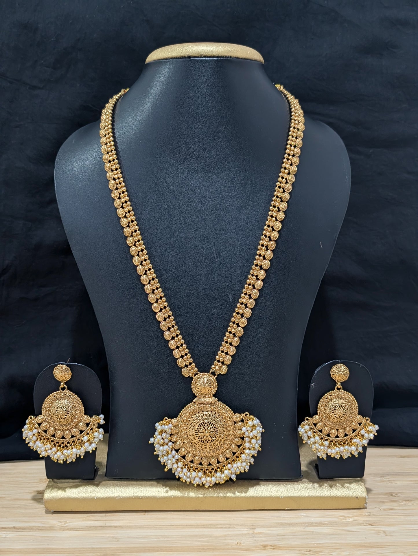 Chandbali Pendant Pearl cluster Long Haram Gold plated Necklace set