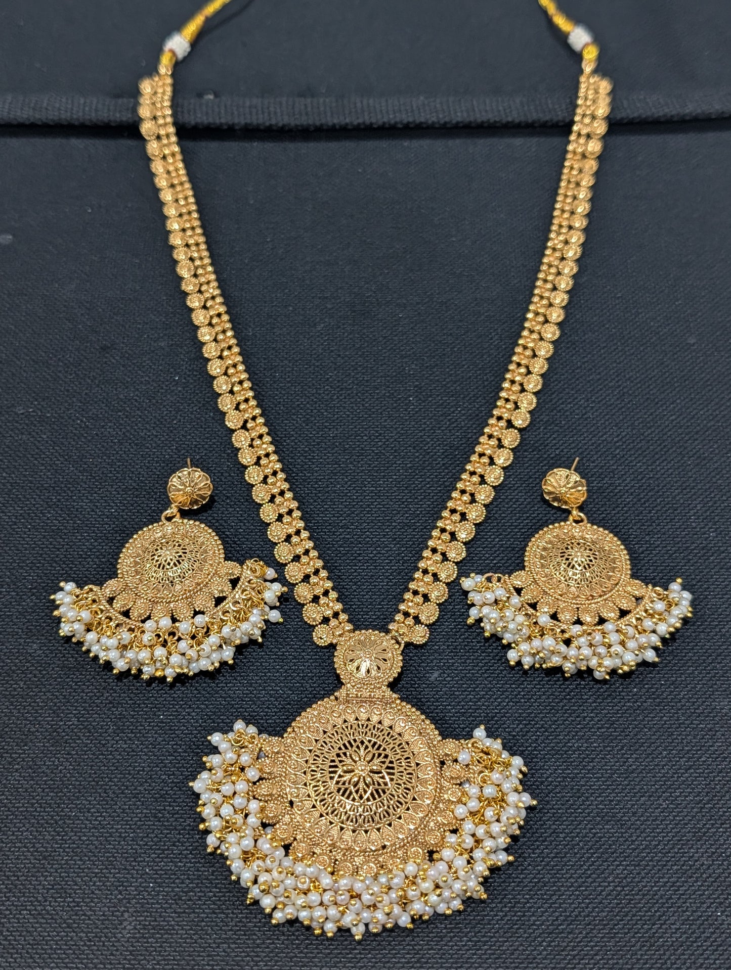 Chandbali Pendant Pearl cluster Long Haram Gold plated Necklace set