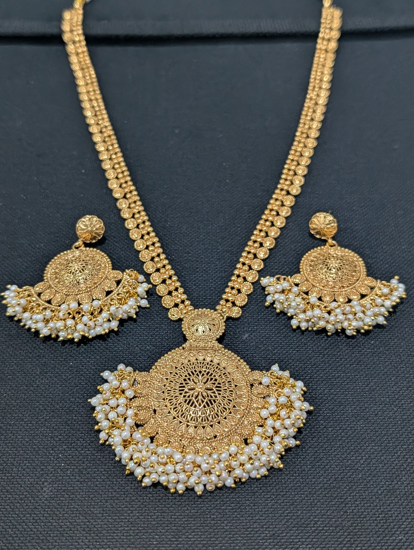 Chandbali Pendant Pearl cluster Long Haram Gold plated Necklace set