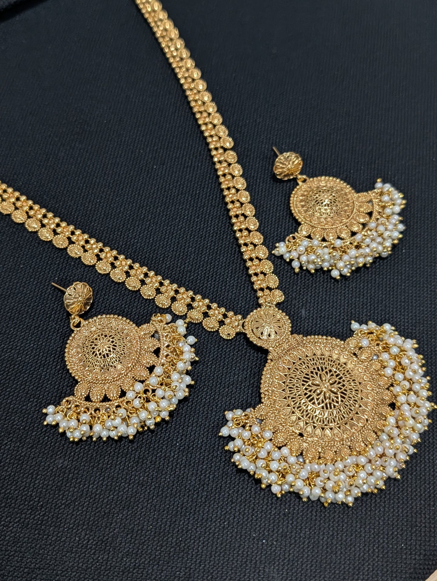 Chandbali Pendant Pearl cluster Long Haram Gold plated Necklace set