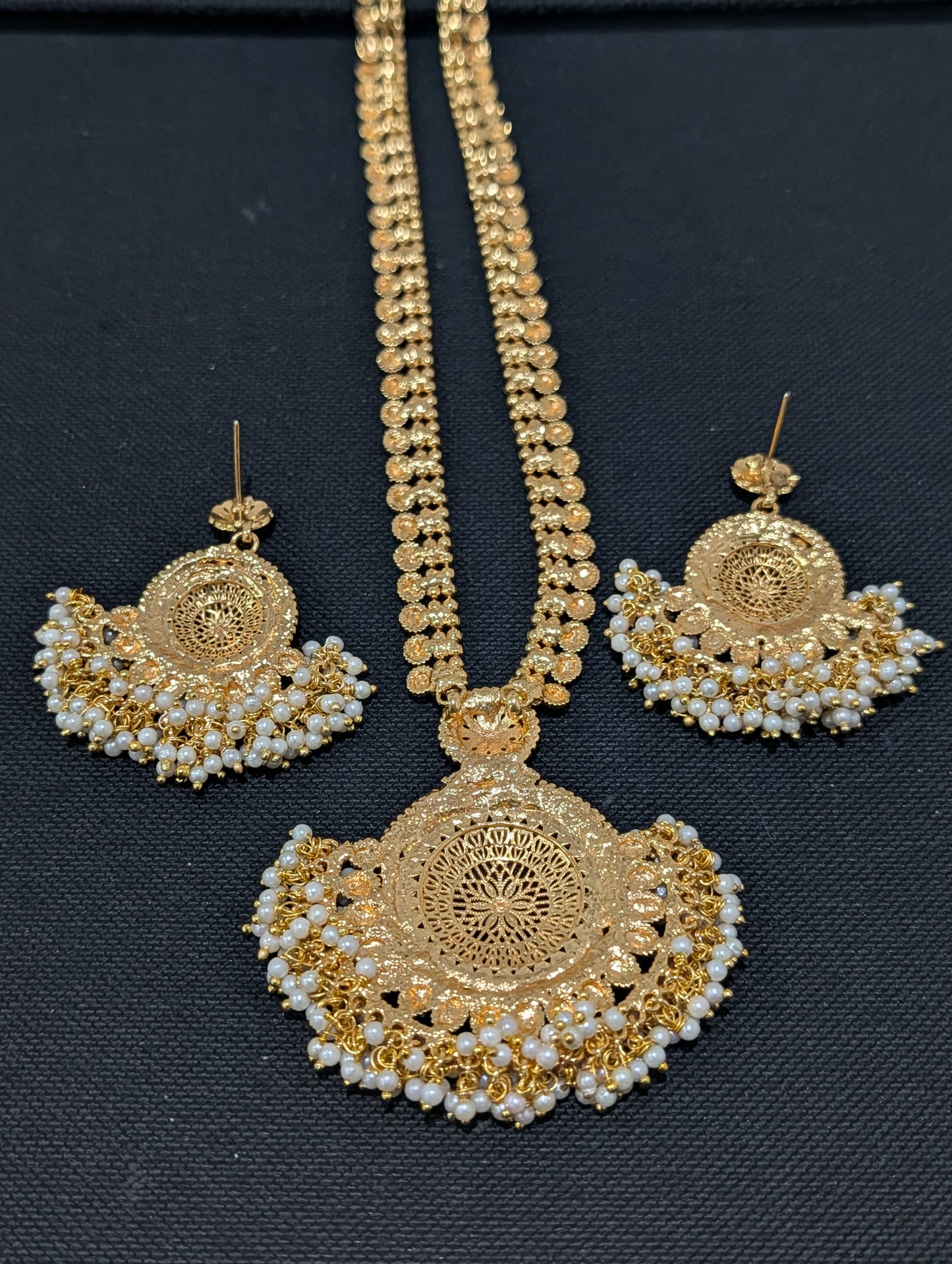 Chandbali Pendant Pearl cluster Long Haram Gold plated Necklace set