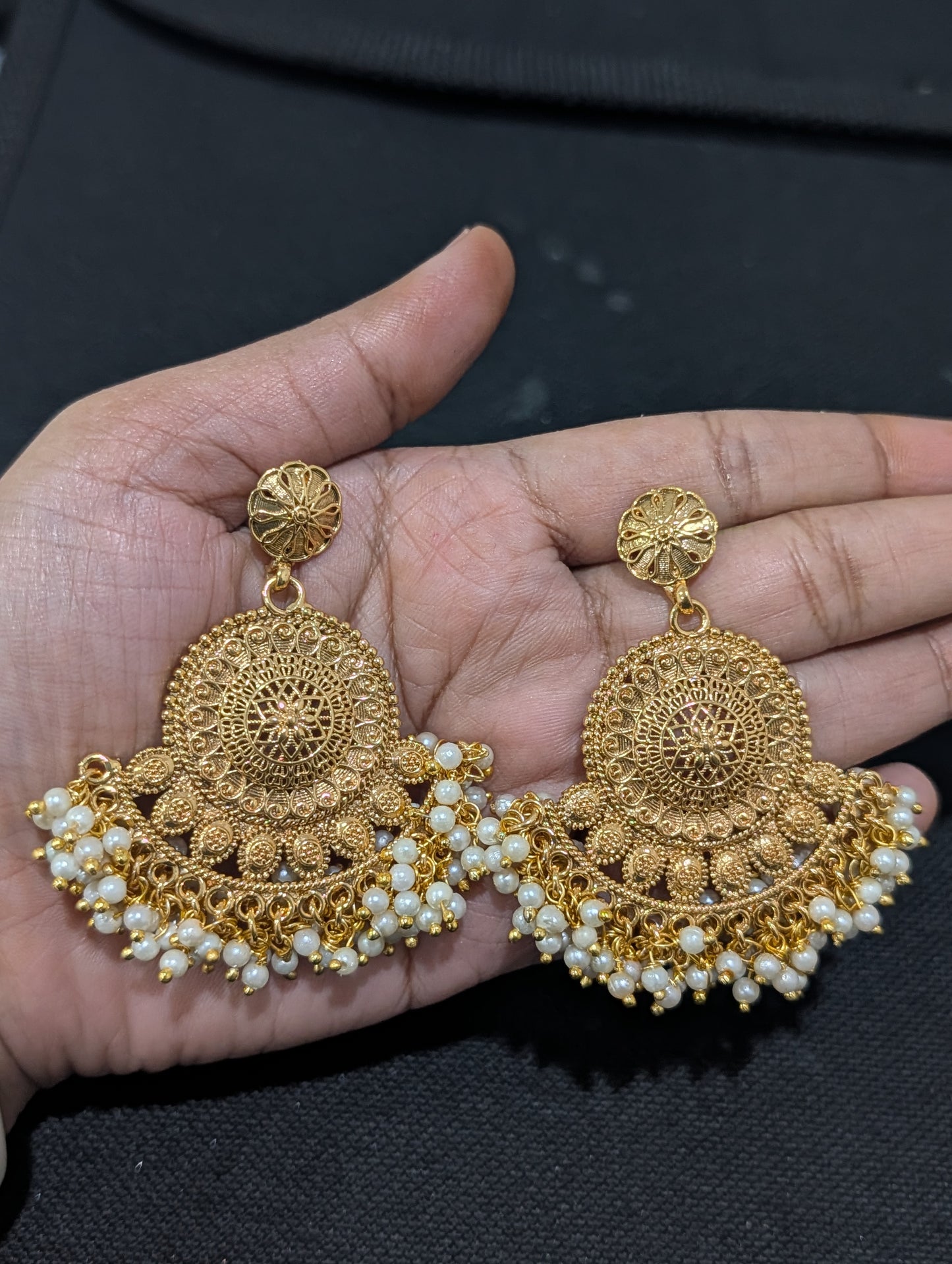 Chandbali Pendant Pearl cluster Long Haram Gold plated Necklace set