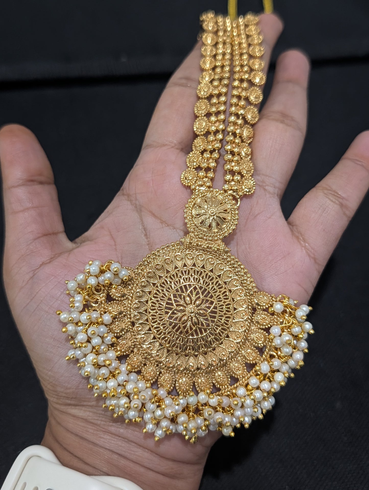 Chandbali Pendant Pearl cluster Long Haram Gold plated Necklace set