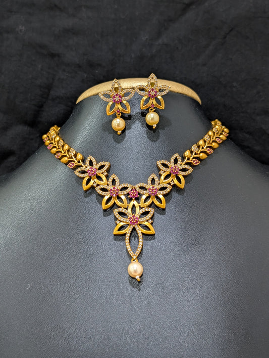 Antique Leafy Flower CZ Necklace and Earrings set - Simpliful