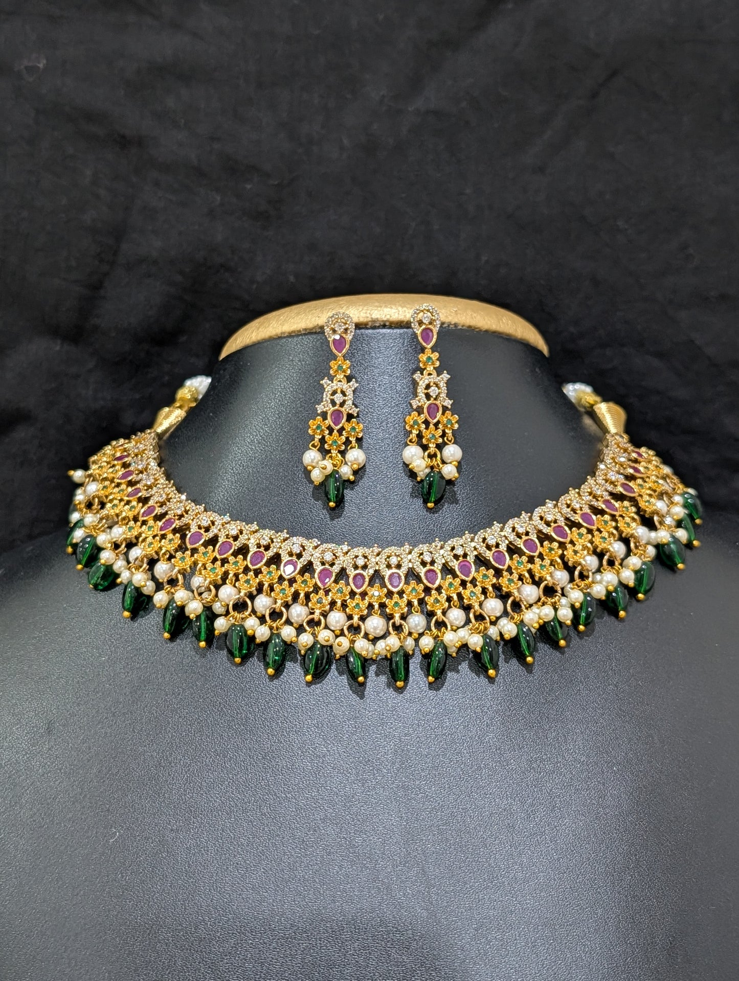 Bead dangle Flower design CZ Choker Set - Simpliful
