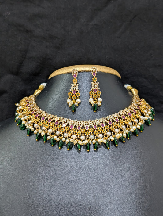 Bead dangle Flower design CZ Choker Set - Simpliful